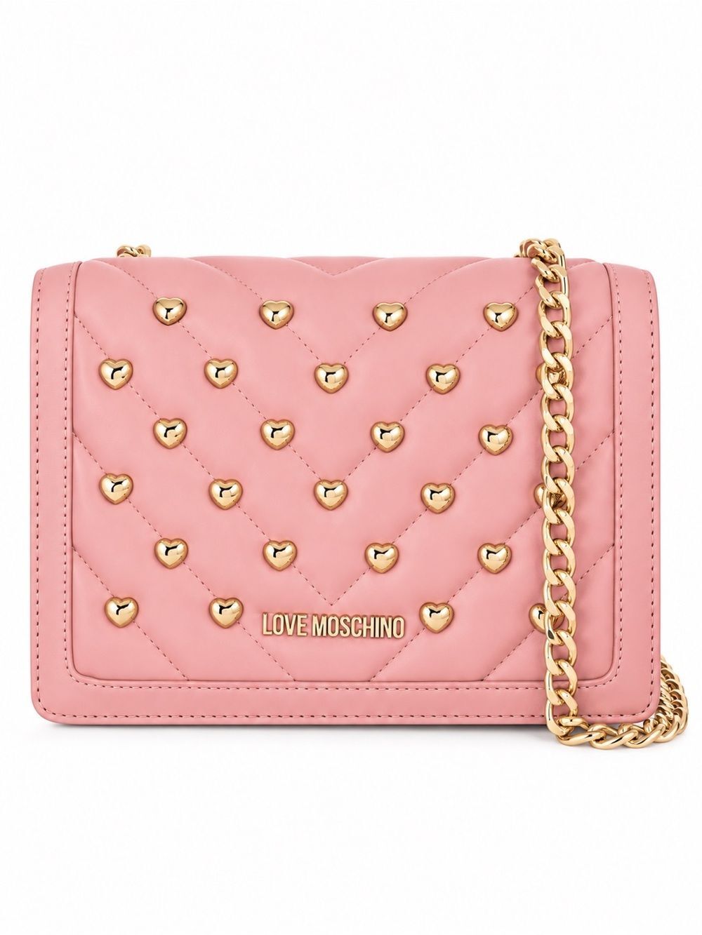Love Moschino Pink Studded Heart Quilted Crossbody Bag w/Gold Chain Strap